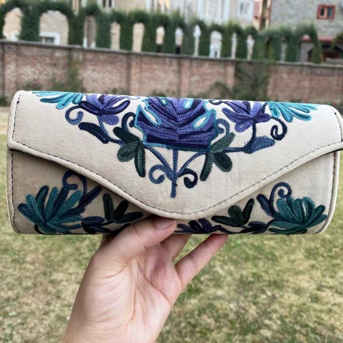 Cylindrical Shaped Velvet Clutch with Crewel Embroidery