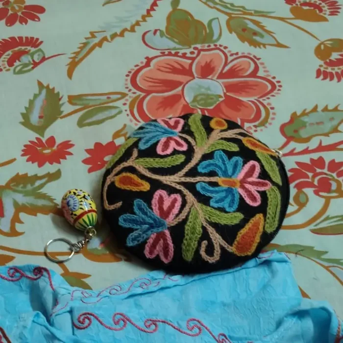 Black Handmade Crewel Round Pouch - Image 3