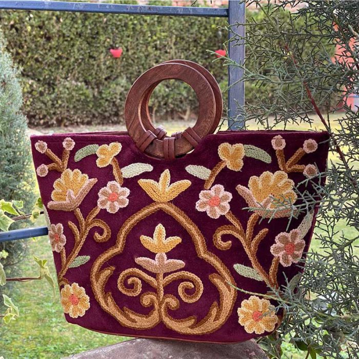 Maroon Handcrafted Crewel Handbag with Velvet Base