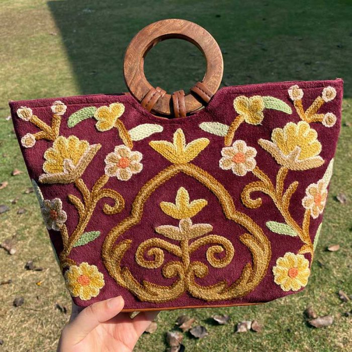 Maroon Handcrafted Crewel Handbag with Velvet Base - Image 2