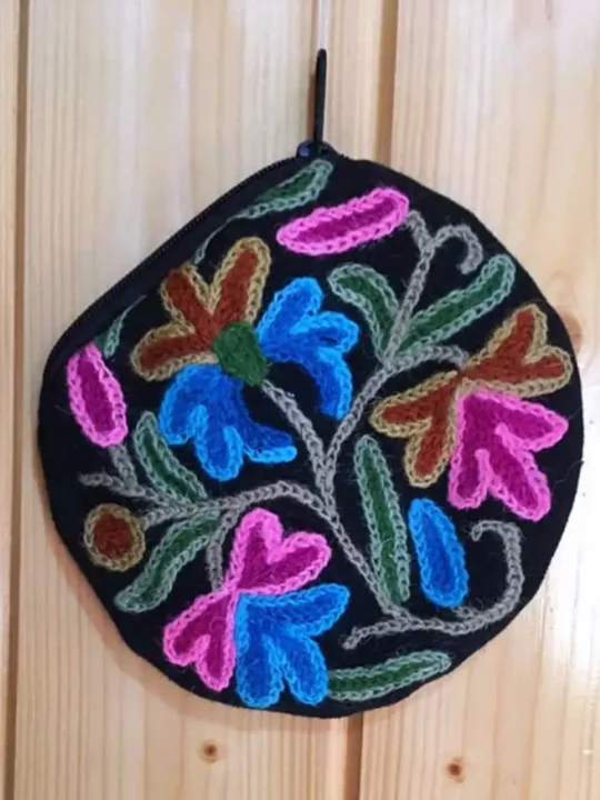 Black Handmade Crewel Round Pouch