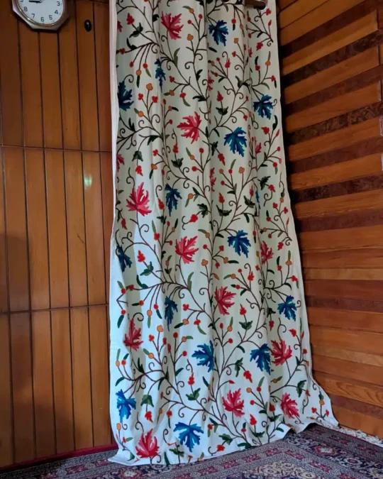 Blue Purple Leaf Handmade Crewel Curtain Including Lining and Rings