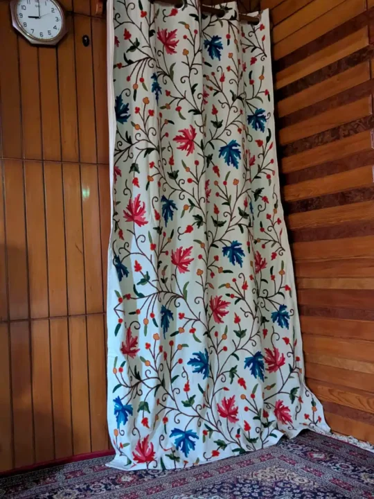 Blue Purple Leaf Handmade Crewel Curtain Including Lining and Rings