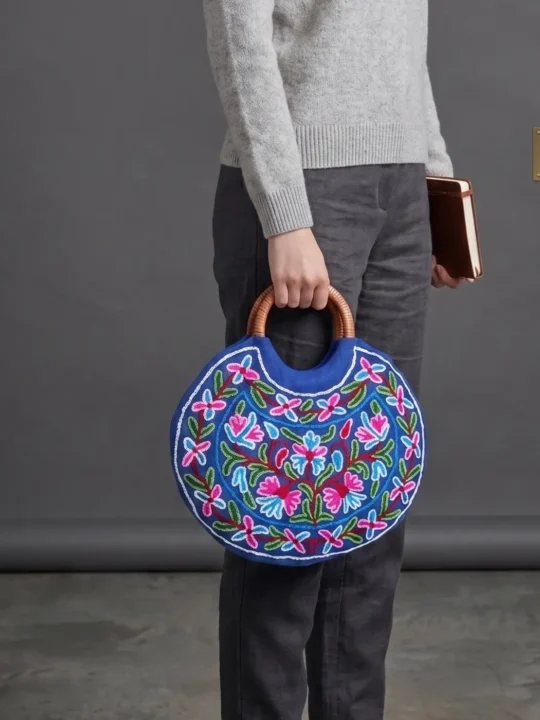Blue Handmade Ring Bag with Crewel Embroidery – Kashmiri Wooden Handle Handbag for Women