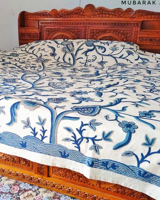 Handmade Blue Grey Crewel Embroidery Bedsheet
