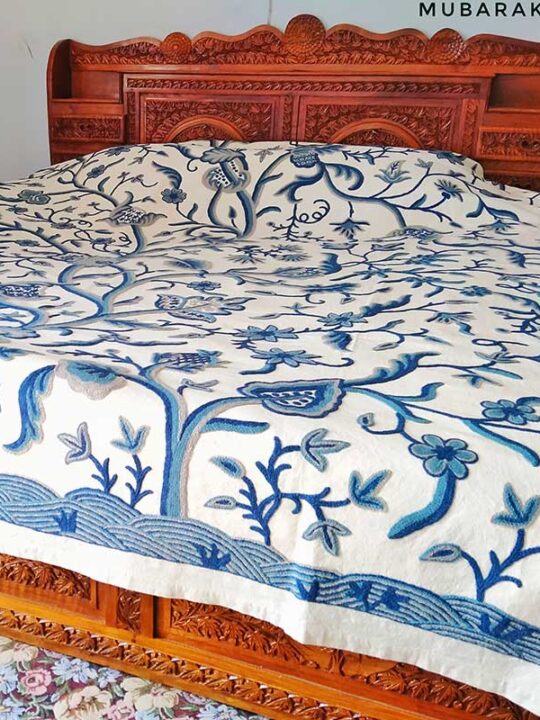 Handmade Blue Grey Crewel Embroidery Bedsheet