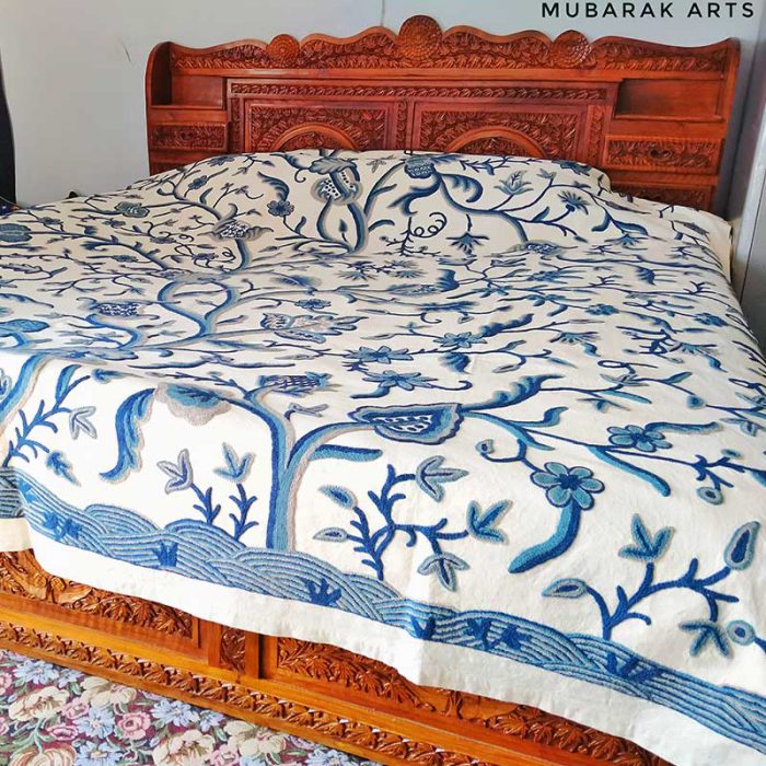 Handmade Blue Grey Crewel Embroidery Bedsheet