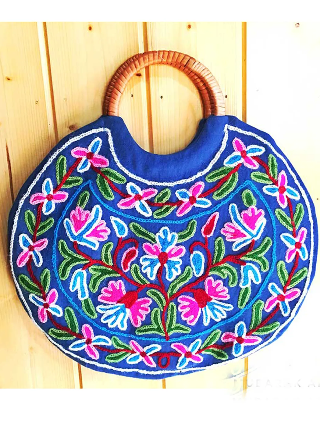 Blue Handmade Ring Bag with Crewel Embroidery – Kashmiri Wooden Handle Handbag for Women - Image 2