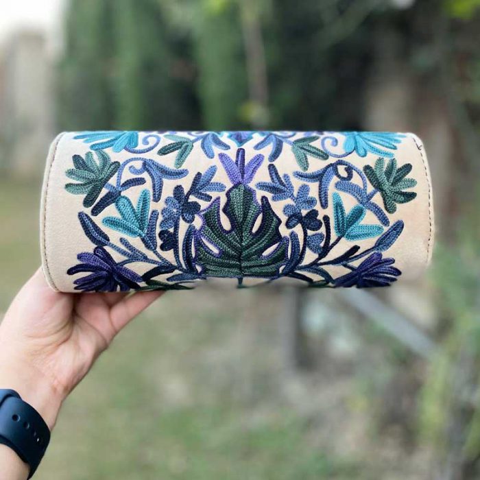 Cylindrical Shaped Velvet Clutch with Crewel Embroidery - Image 2