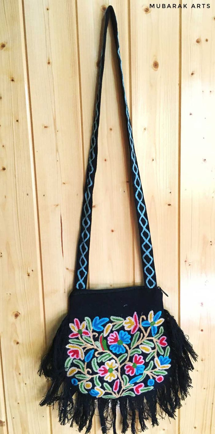 Black Sling Bag With Zip and Hand Embroidery - Image 2