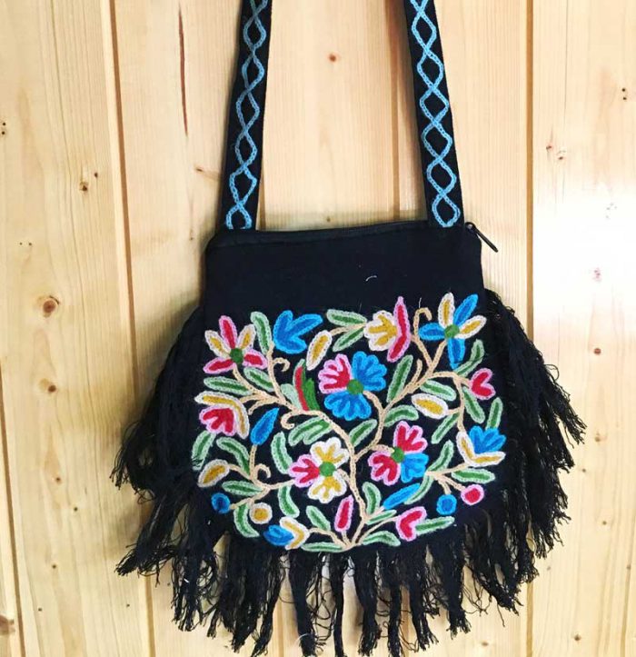 Black Sling Bag With Zip and Hand Embroidery