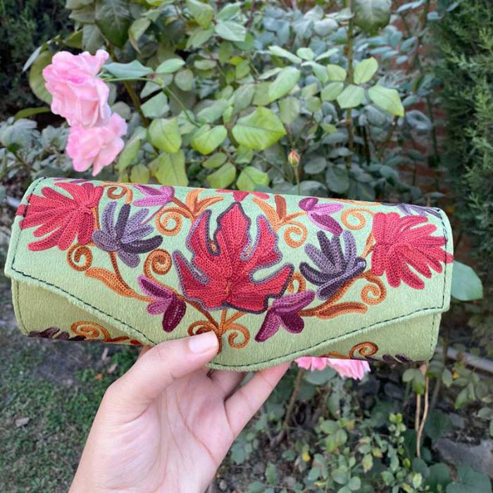 Green Cylindrical Shaped Velvet Clutch with Crewel Embroidery