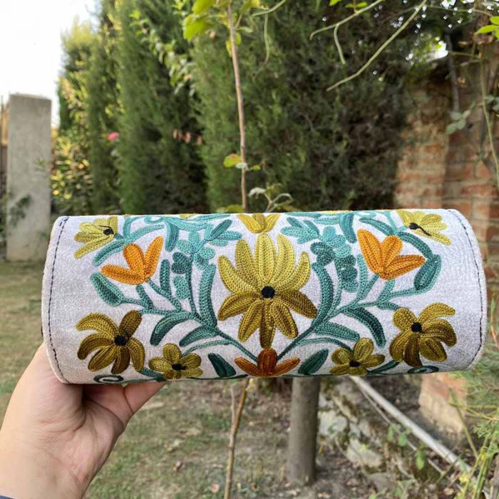 Grey Cylindrical Shaped Velvet Clutch with Crewel Embroidery - Image 3