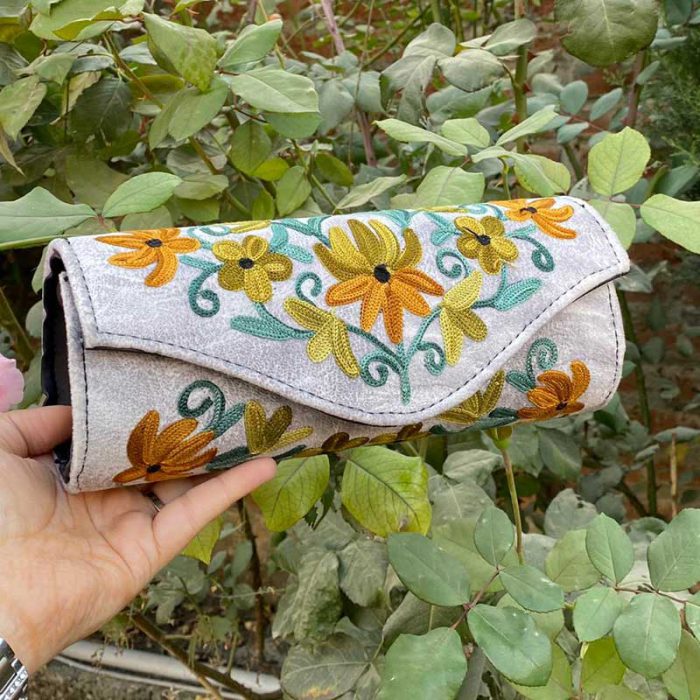 Grey Cylindrical Shaped Velvet Clutch with Crewel Embroidery