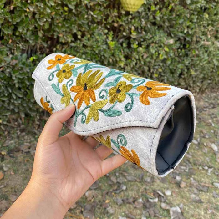 Grey Cylindrical Shaped Velvet Clutch with Crewel Embroidery - Image 2
