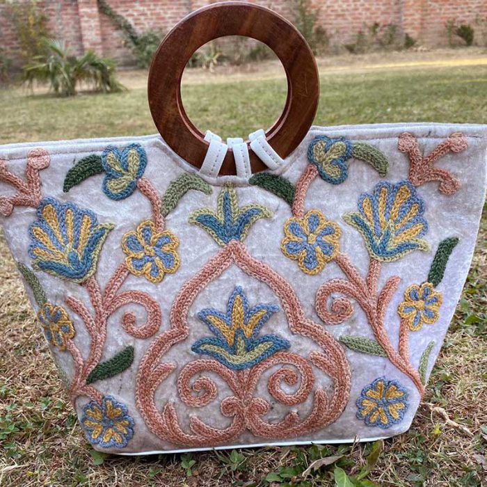 Ivory Handcrafted Crewel Handbag with Velvet Base - Image 2