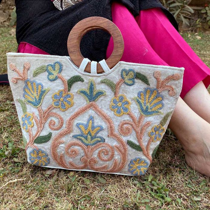 Ivory Handcrafted Crewel Handbag with Velvet Base