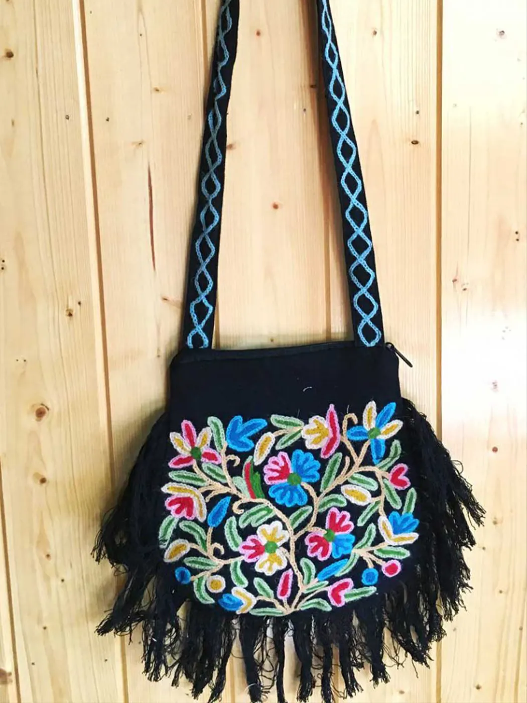 Black Embroidered Crossbody Sling Bag for Women with Zip – Handmade Crewel Work Bag from Kashmir - Image 2