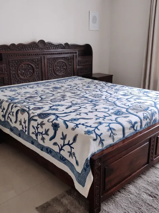 Handmade Blue Grey Crewel Embroidery Bedsheet