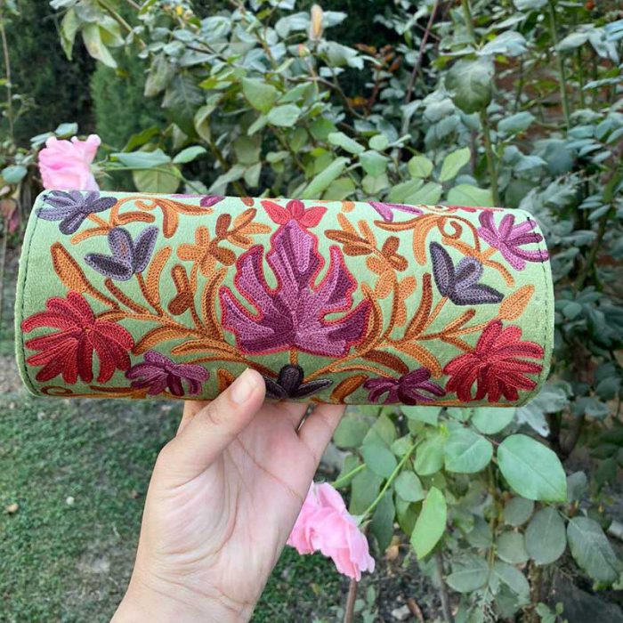 Green Cylindrical Shaped Velvet Clutch with Crewel Embroidery - Image 2