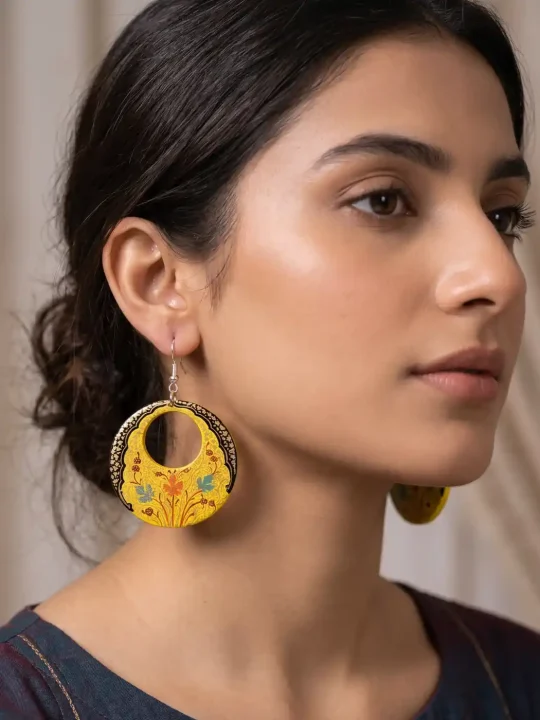 Yellow Circular Paper Mache Ear Rings