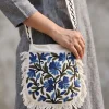 White Crewel Hand Embroidered Sling Bag with Zip
