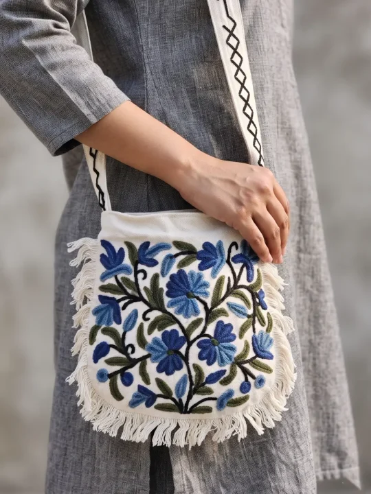 White Crewel Hand Embroidered Sling Bag with Zip