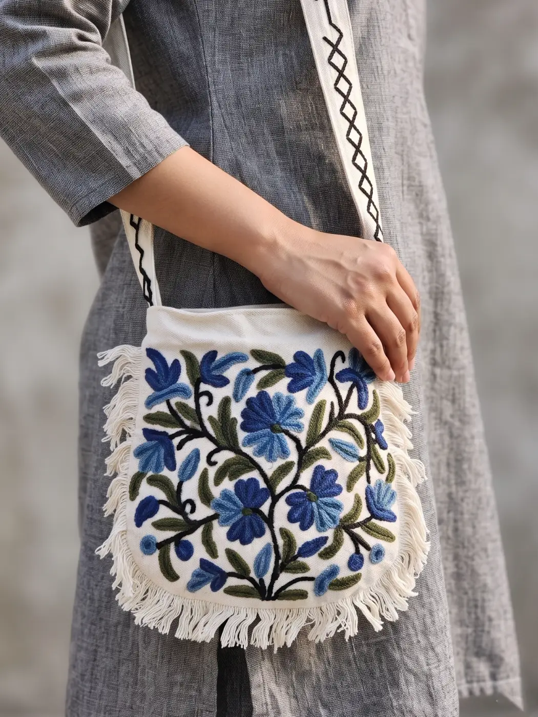 White Crewel Hand Embroidered Sling Bag with Zip