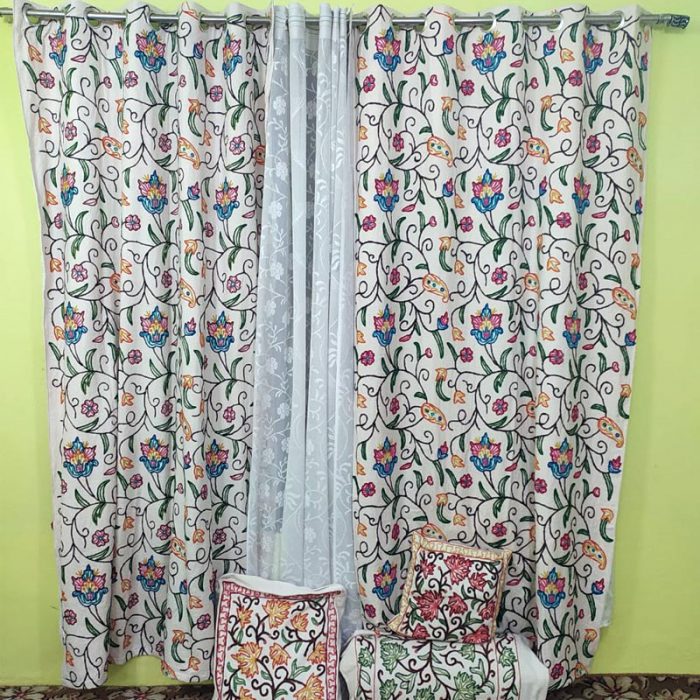 Handmade Crewel Curtain Including Lining and Rings