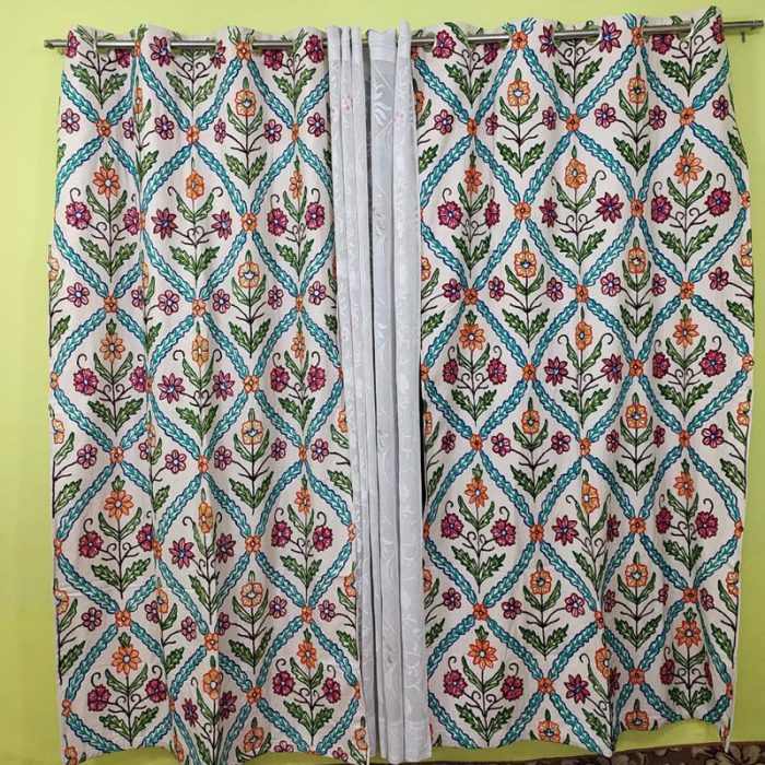 Flowery Handmade Crewel Curtain Including Lining and Rings