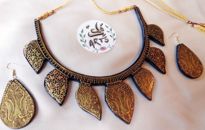 Paper Mache Neck Piece and Ear Rings