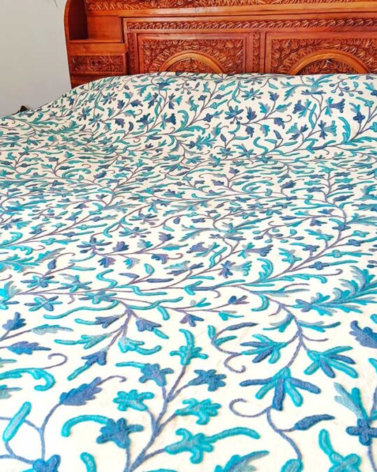 White Bedsheet with Hand Done Mixed Blue Embroidery