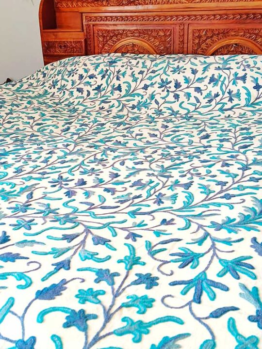 White Bedsheet with Hand Done Mixed Blue Embroidery