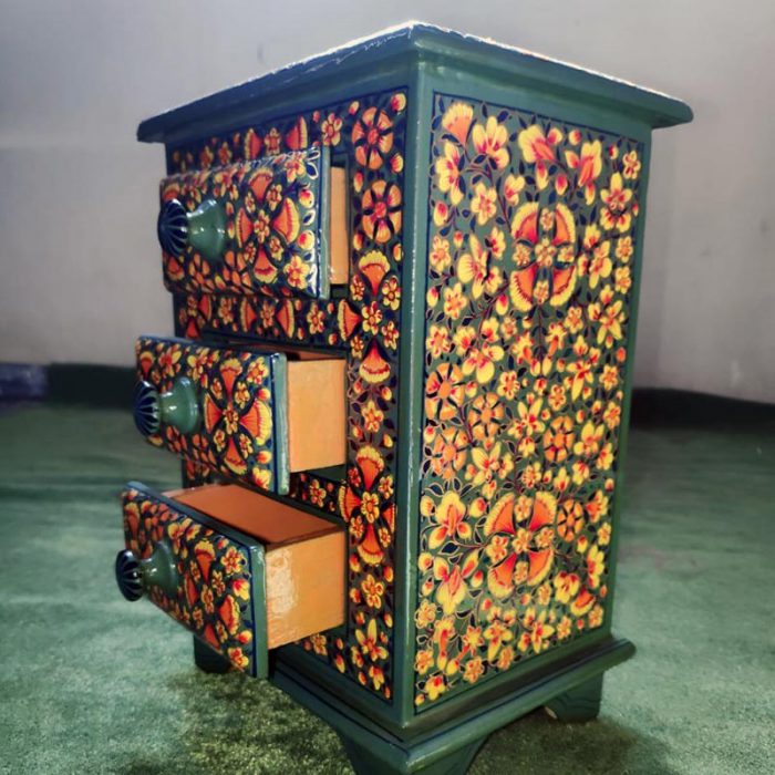 Hand Painted Green and Yellow Accessory Box with 3 Drawers