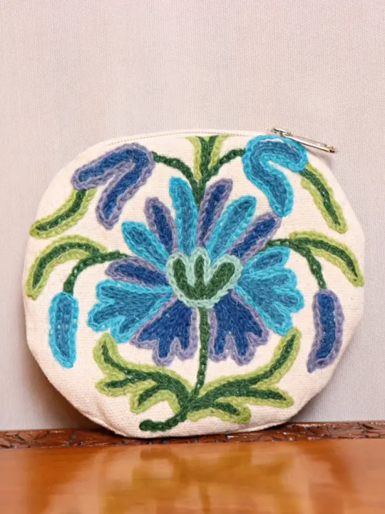 Round Small Pouch With Hand Embroidery