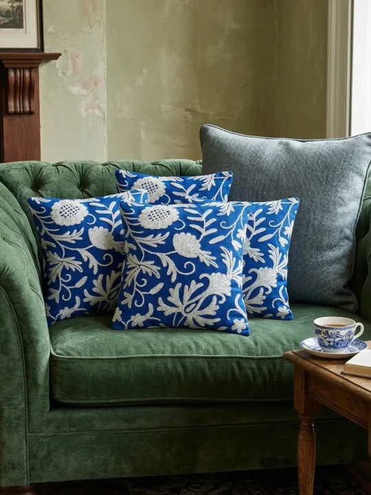 Handcrafted Kashmiri Crewel Cushion Cover 12x12 – Luxury Wool Embroidery on Cotton | Elegant Home Décor Accent