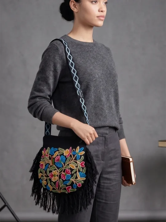 Black Embroidered Crossbody Sling Bag for Women with Zip – Handmade Crewel Work Bag from Kashmir