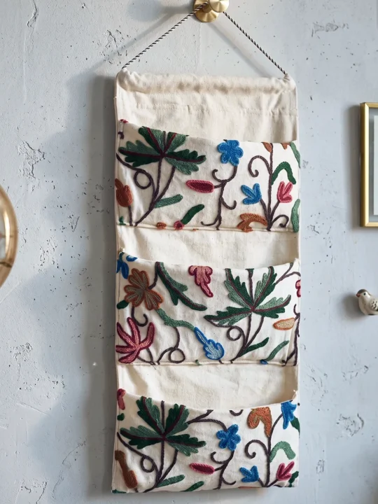 Handmade Crewel Embroidered Door & Wall Organiser – 3 Compartment Hanging Storage | Kashmiri Floral Design