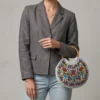 White Handmade Ring Bag with Crewel Embroidery – Kashmiri Wooden Handle Handbag for Women