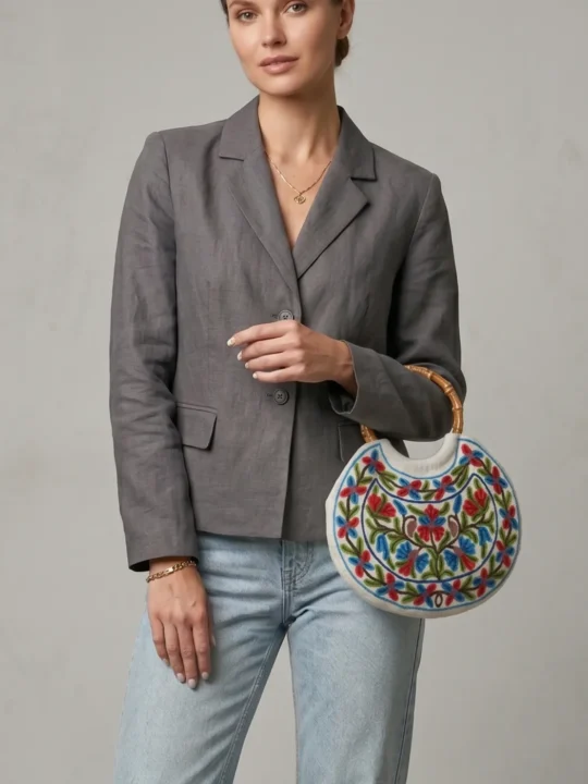 White Handmade Ring Bag with Crewel Embroidery – Kashmiri Wooden Handle Handbag for Women