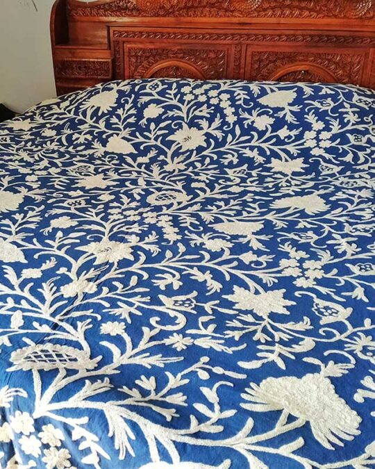 Blue Bedsheet with Hand Done White Embroidery
