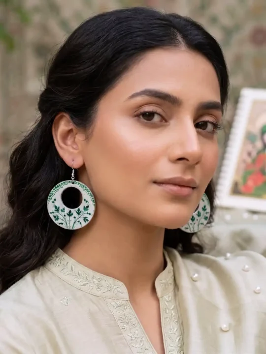 Silver Green Paper Mache Ear Rings