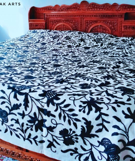 White Bedsheet with Black Crewel Embroidery
