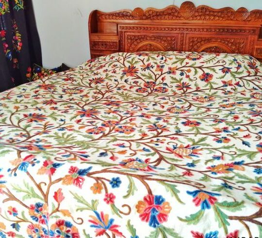 White Bedsheet with Multi Coloured Kashmiri Crewel Embroidery