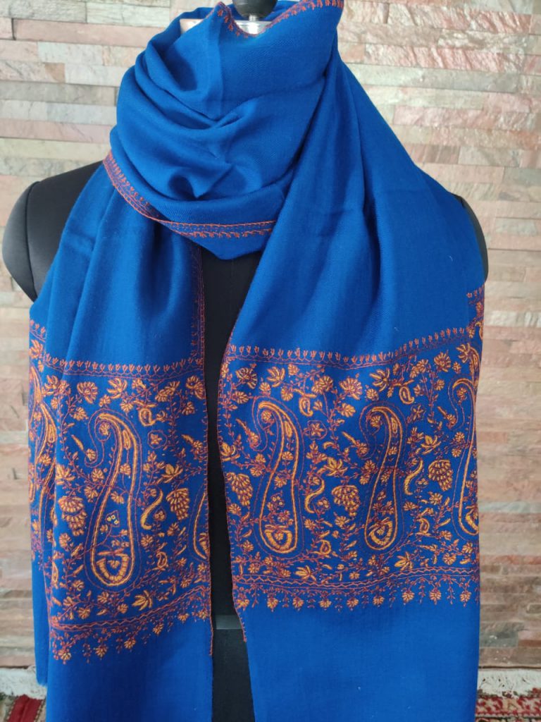 Blue Soft Wool Stole with Intricate Sozni Hand Embroidery