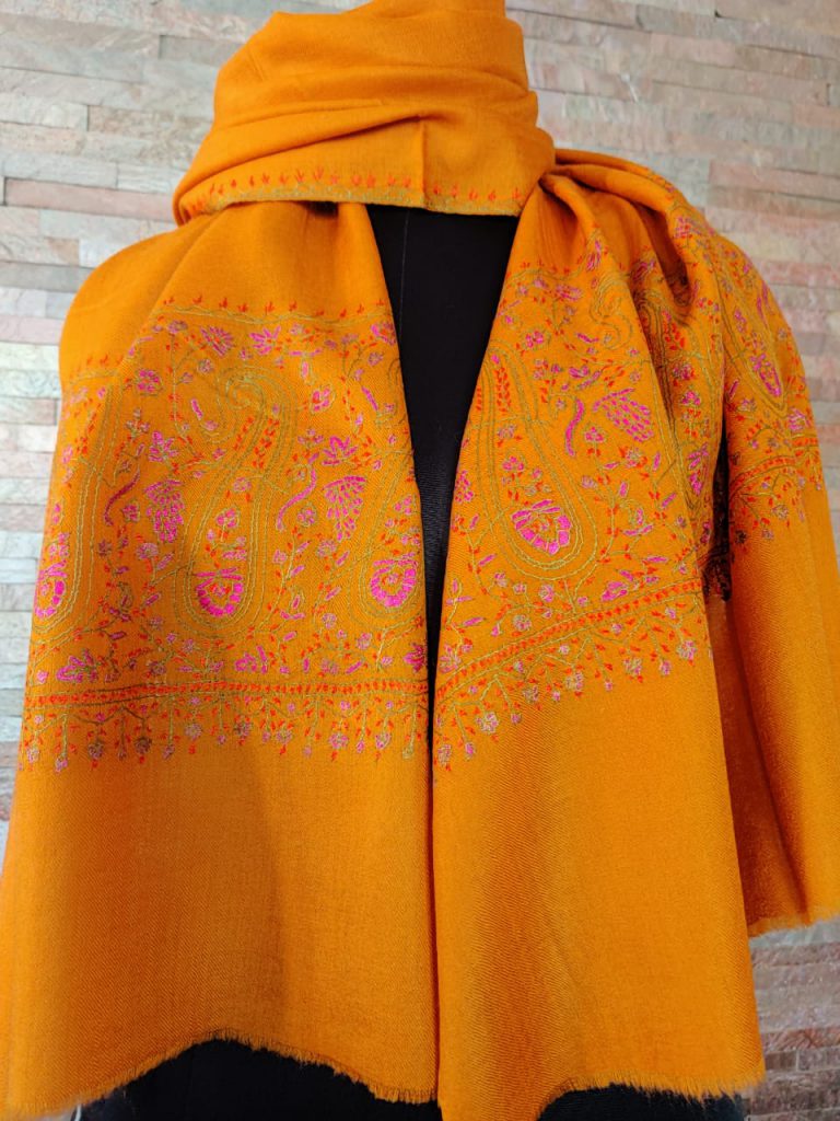 Mustard Soft Wool Stole with Intricate Sozni Hand Embroidery
