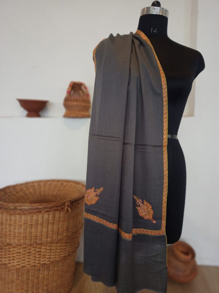 Grey Soft Wool Stole in Sozni Hand Embroidery