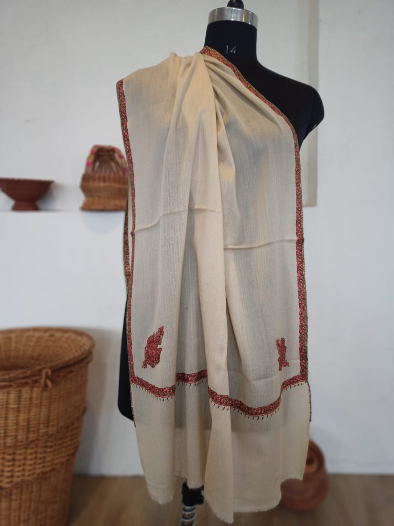 Off White Soft Wool Stole in Sozni Hand Embroidery