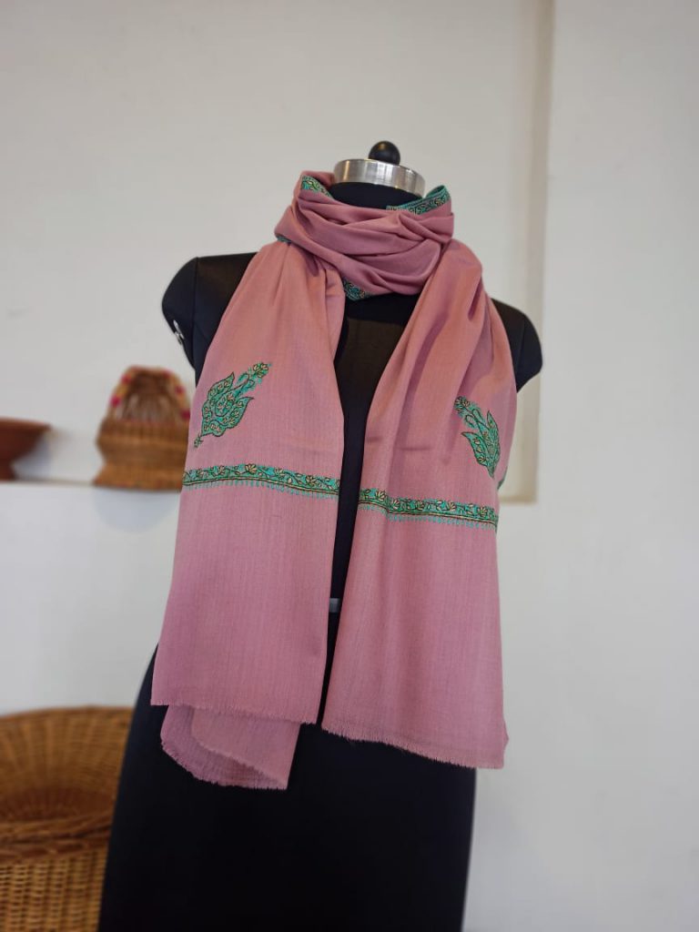 Pink Soft Wool Stole in Sozni Hand Embroidery
