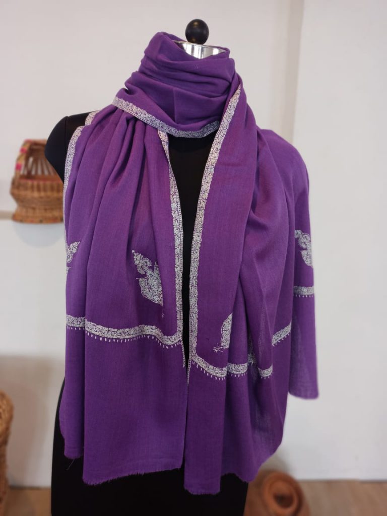 Purple Soft Wool Stole in Sozni Hand Embroidery